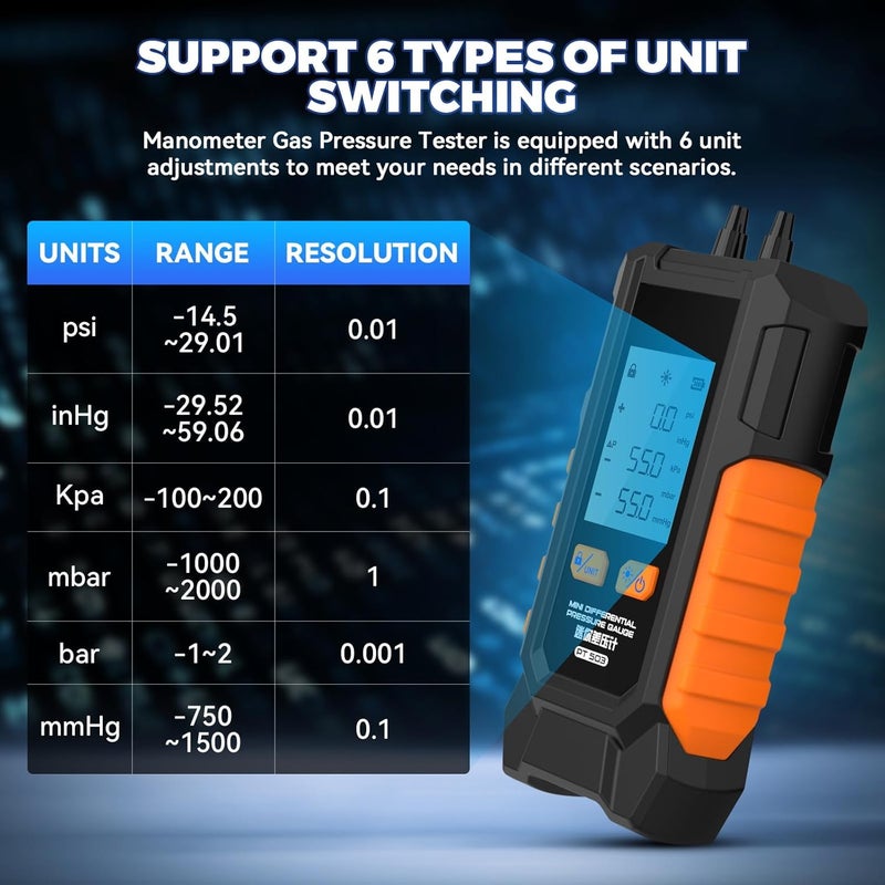 Autory Manometer Gas Pressure Tester -101 to 200KPa Mini Dual-Port Digital Manometer HVAC with 6 Measurement Units(PSI/kPa/mbar/bar/inHg/mmHg) Manometer Lp Gas Pressure Tester Auto Calibration Monometer - Image 5